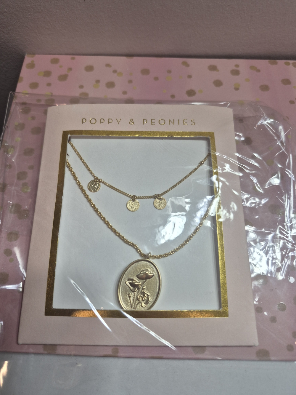 Poppy & Peonies Gold Layered Disc and Floral Oval Pendant Necklace